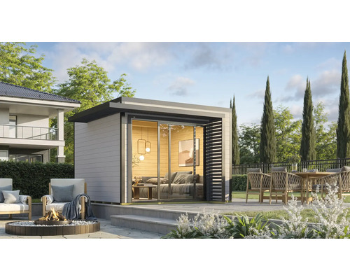 Abri de jardin weka Amberley 28 mm y compris plancher 350 x 353 cm gris-anthracite Jardin moderne avec abri de jardin, foyer et coin salon