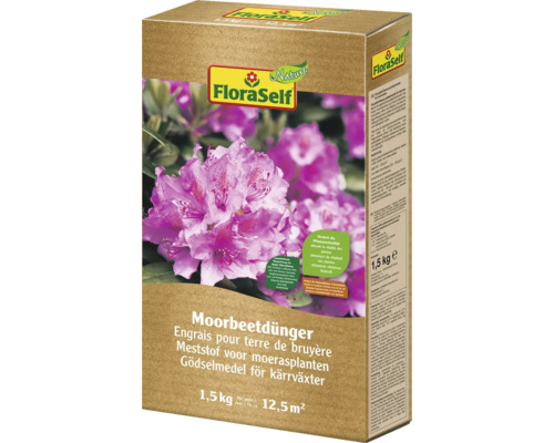FloraSelf Engrais pour terre de bruyère, emballage de 1,5 kg avec image de fleurs