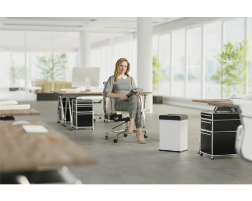 Büro mit Schreibtischen, Rollcontainern und Dame in Bürostuhl
