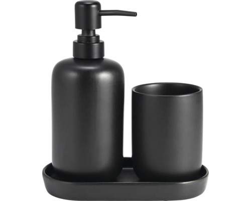 Set de salle de bain noir avec distributeur de savon, gobelet et plateau