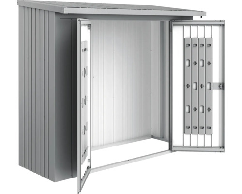 Metall Gerätehaus mit geöffneten Türen