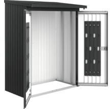 Metall Gerätehaus mit geöffneten Türen.