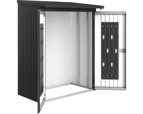 Metall Gerätehaus mit geöffneten Türen.