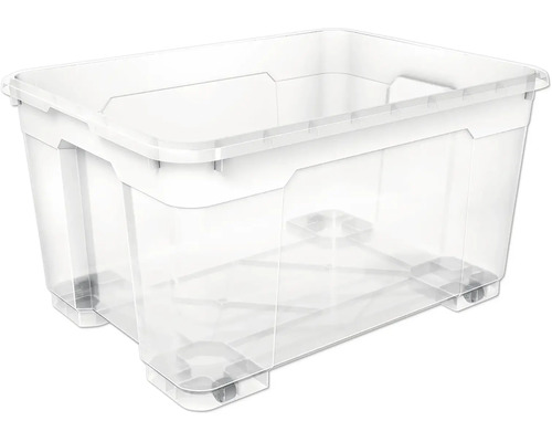 Transparente Aufbewahrungsbox aus Kunststoff mit Rollen.
