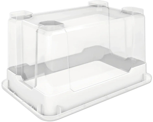 Transparente Anzuchthaube auf weisser Unterschale für Pflanzenanzucht