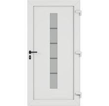 Porte intérieure blanche avec insert en verre en orientation verticale et poignée de porte noire.