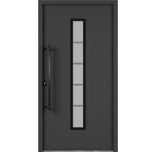 Porte d''entrée grise avec insert en verre rectangulaire et poignée barre