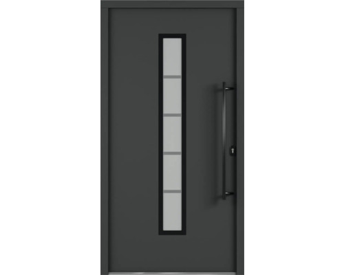 Porte d'entrée ARON 3171 composite aluminium-plastique RAL 7016 gris anthracite 1000x2100 mm recouvrant le vantail des deux côtés tirant droite y compris jeu de poignée de poussée, poignée intérieure en noir, cylindre profilé avec 3 clés Porte d''entrée avec insert en verre et poignée barre