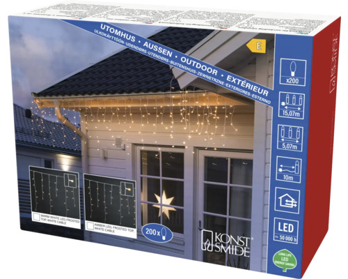 Rideau lumineux LED pluie de glace Konstsmide couleur d'éclairage ambre Emballage d''une guirlande lumineuse LED Konstsmide pour extérieur avec 200 lampes