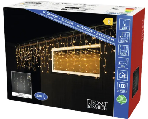 Rideau lumineux LED pluie de glace Konstsmide couleur d'éclairage ambre Guirlande lumineuse Konstsmide avec 200 LED pour l''extérieur