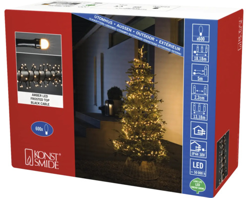 Guirlande lumineuse compacte micro LED Konstsmide couleur d'éclairage ambre Emballage d''une guirlande lumineuse LED Konst Smide pour extérieur avec 600 LED ambrées et câble noir