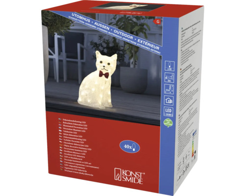 Chat assis acrylique LED Konstsmide 18 x 27 x 34 cm couleur d'éclairage blanc chaud Emballage d''une figurine décorative chat à LED pour l''extérieur