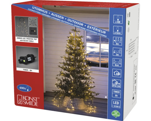 Rideau LED avec anneau Konstsmide Ø 15.8 cm couleur d'éclairage ambre Guirlande lumineuse Konst Smide avec 400 LED ambrées pour l''extérieur sur un emballage de produit.