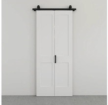 Deux portes coulissantes blanches avec rail et poignée noirs