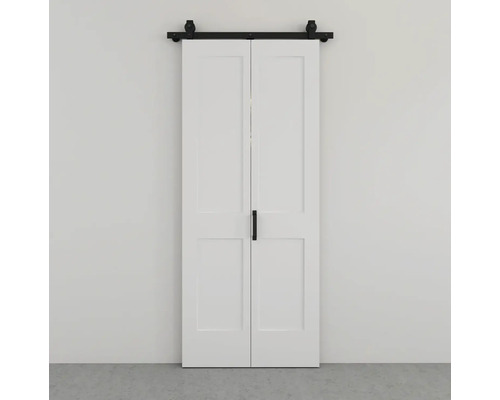 Deux portes coulissantes blanches avec rail et poignée noirs