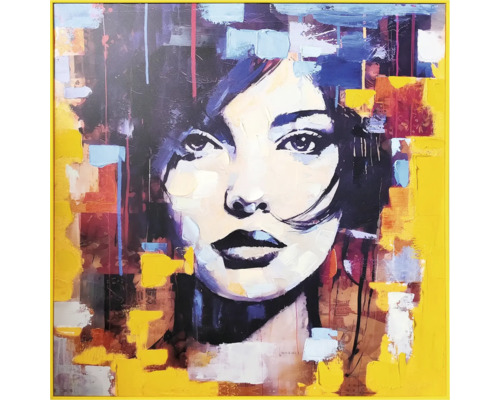 Leinwandbild Original gerahmt Women gelb 80x80 cm Gemaltes Bild einer Frau mit Rahmen