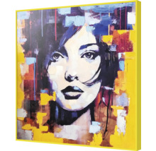Gemälde mit abstrakter Darstellung eines Frauengesichts in einem gelben Rahmen