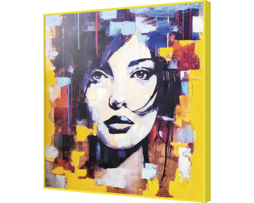 Gemälde mit abstrakter Darstellung eines Frauengesichts in einem gelben Rahmen