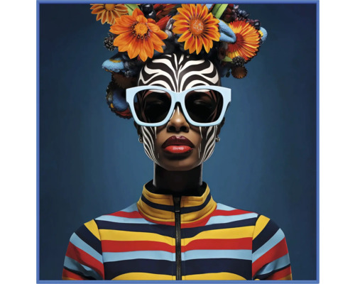 Leinwandbild Original gerahmt Women türkis 80x80 cm Frau mit Zebra Make-up, Sonnenbrille und Blumenkopfschmuck