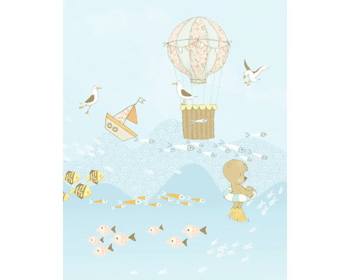 Illustration avec montgolfière, bateau, mouettes, poissons et ours avec bouée