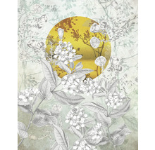 Illustration de feuilles et de fleurs devant un cercle