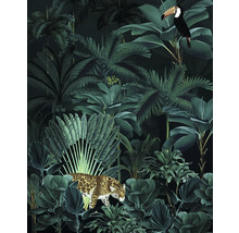 Papier peint avec motif de jungle, incluant un léopard et un toucan