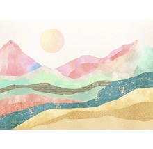 Peinture avec paysage de montagne et soleil