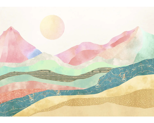 Papier peint panoramique intissé X7-1038 Holy Mountain 7 pces 350 x 250 cm Peinture avec paysage de montagne et soleil