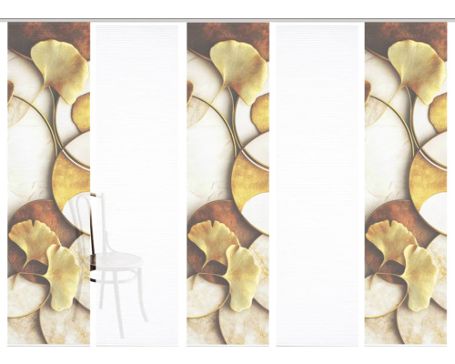 Flächenvorhang Storm Digitaldruck gold 60x245 cm 5er-Set Schiebegardinen mit Ginkgo-Motiv und weißen Paneelen