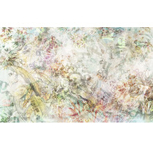 Motif abstrait avec fleurs et inscriptions