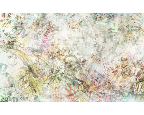 Motif abstrait avec fleurs et inscriptions