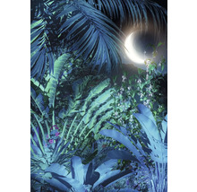 Scène de jungle avec des feuilles de palmier et un croissant de lune
