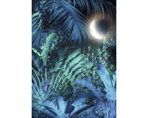 Scène de jungle avec des feuilles de palmier et un croissant de lune