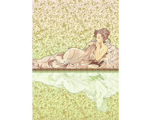 Illustration d'une femme allongée dans un lit, avec un fond décoratif