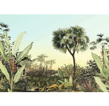 Illustration d'un paysage tropical avec des palmiers et une végétation luxuriante.