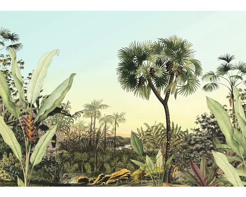 Illustration d'un paysage tropical avec des palmiers et une végétation luxuriante.