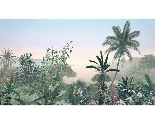 Illustration d'un paysage tropical avec diverses plantes et palmiers