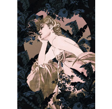 Illustration d'une femme élégante et pensive dans un cadre floral