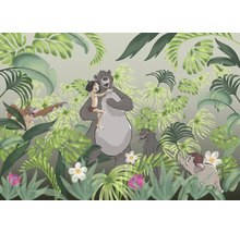 Illustration du Livre de la jungle avec Mowgli, Baloo, Bagheera, Hathi et le roi Louie
