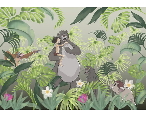 Illustration du Livre de la jungle avec Mowgli, Baloo, Bagheera, Hathi et le roi Louie