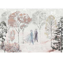 Papier peint avec motif de forêt et personnages du film La Reine des neiges.