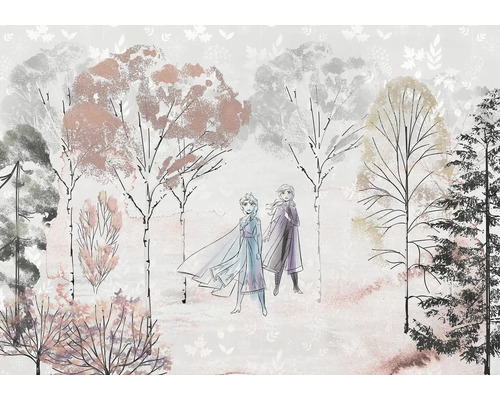 Papier peint avec motif de forêt et personnages du film La Reine des neiges.