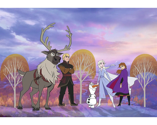 Scène avec les personnages de La Reine des neiges : le renne Sven, Kristoff, le bonhomme de neige Olaf, Elsa et Anna.