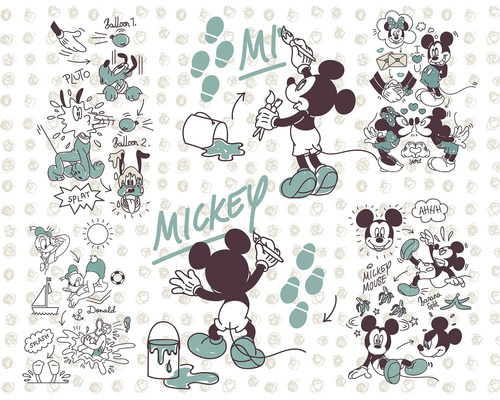 Papier peint panoramique intissé DX7-026 Disney Edition 4 Mickey and Friends 7 pces 350 x 280 cm Illustration de Mickey Mouse avec Donald Duck et Pluto