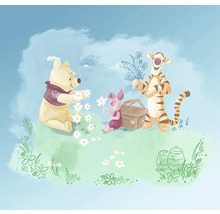 Illustration avec Winnie l'ourson, Porcinet et Tigrou cueillant des fleurs pour un pique-nique