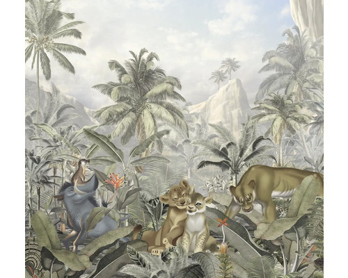 Papier peint panoramique intissé DX6-022 Disney Edition 4 Roi Lion Mountains 6 pces 300 x 280 cm Illustration d'un paysage de jungle avec des lions, un phacochère, des singes et des plantes tropicales