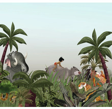 Scène de jungle avec Mowgli, Baloo, Shere Khan, un serpent et un éléphant parmi des plantes tropicales comme décoration murale