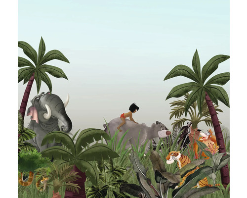 Papier peint panoramique intissé DX6-020 Disney Edition 4 Jungle Book 6 pces 300 x 280 cm Scène de jungle avec Mowgli, Baloo, Shere Khan, un serpent et un éléphant parmi des plantes tropicales comme décoration murale