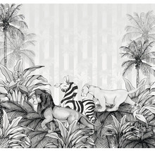 Papier peint décoratif avec des motifs de jungle, dont un lion, un zèbre et un palmier.