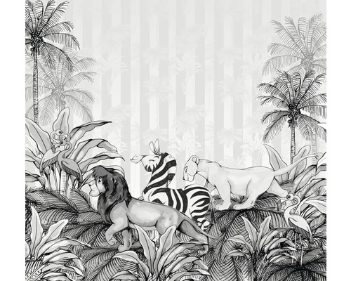 Papier peint panoramique intissé DX6-009 Disney Edition 4 Roi Lion Monochrome 6 pces 300 x 280 cm Papier peint décoratif avec des motifs de jungle, dont un lion, un zèbre et un palmier.